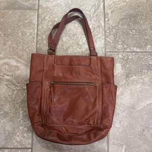 Margot New York Brown Leather Tote Bag Shoulder‎ Purse Contrast Stitch Cognac